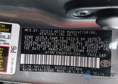 2015 Toyota Camry Le z USA, uszkodzony, nr VIN 4T1BF1FK0FU101204